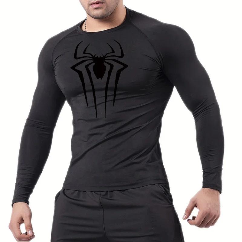 Chemises de Compression à manches longues imprimé araignée pour hommes, sous-vêtements d'entraînemen