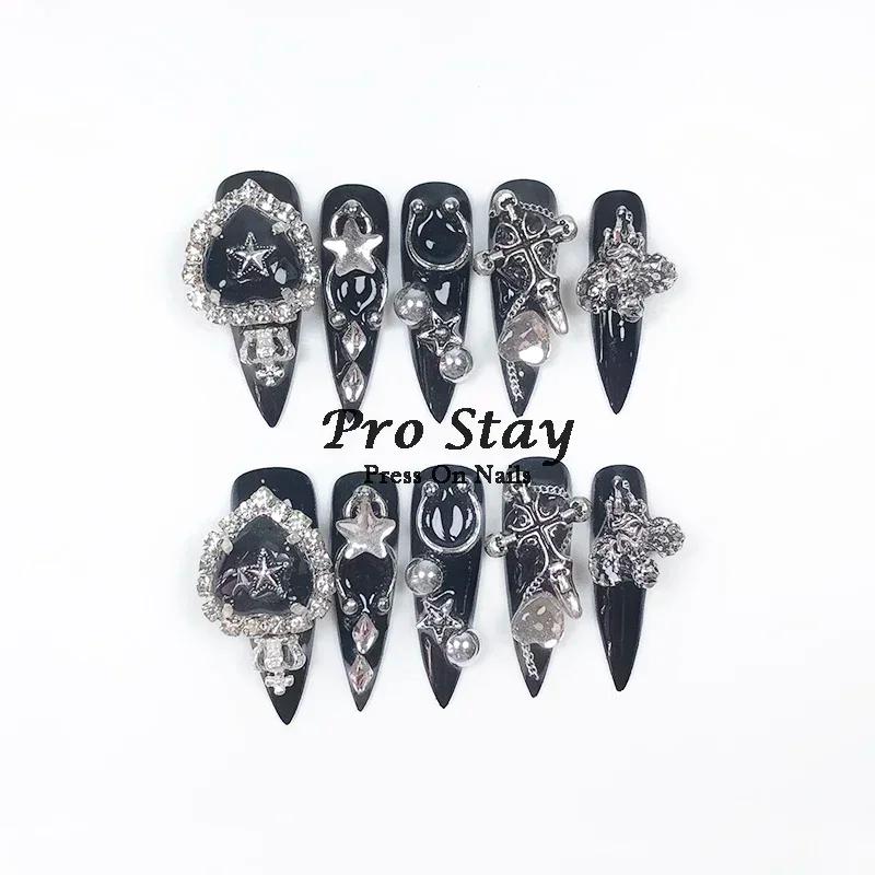 Faux ongles artificiels noirs foncés Y2k, faits à la main, à pression, doux et frais, avec diamant,