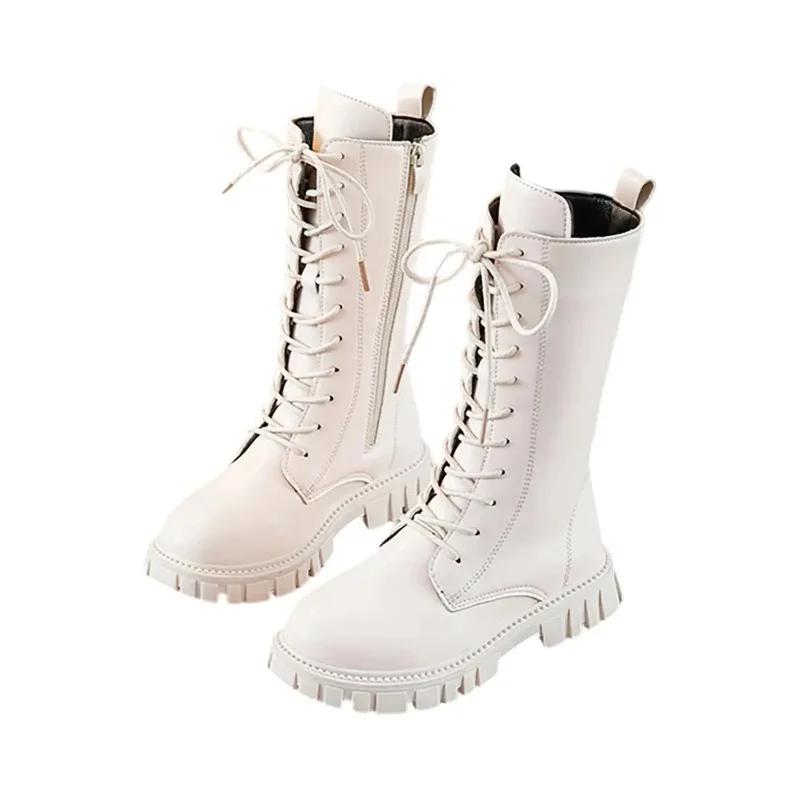 Bottes mi-mollet en cuir blanc à lacets pour filles, avec fermeture éclair latérale, semelle souple,