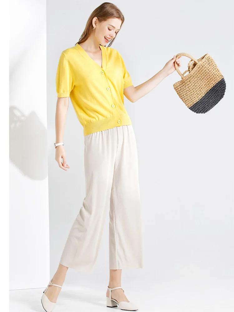 Pantalon large à longueur de rinçage pour femme, décontracté, couleur unie, taille élastique, adt Ic