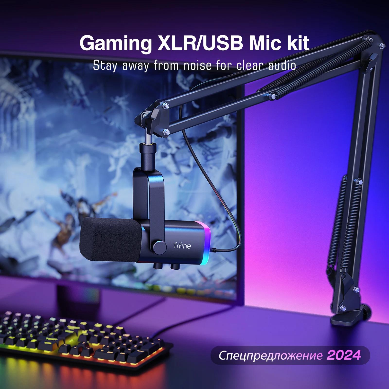 Kit de microphone de jeu FIFINE XLR/USB avec prise casque/muet/rvb/support de bras, ensemble de micr