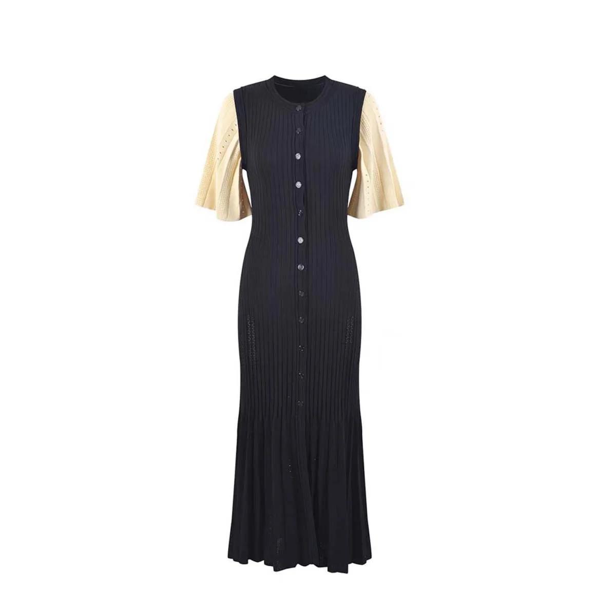 Robe tricotée française ajourée à la mode, style d'été, amincissante, ligne a, manches courtes, robe
