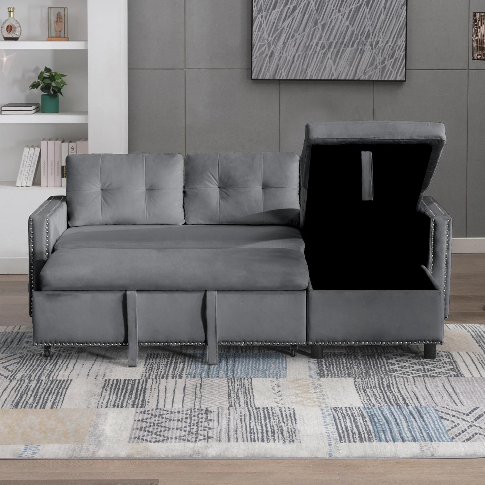 HORGgland-Canapé convertible en forme de L avec chaise de rangement, canapé-lit en velours, canapé-l