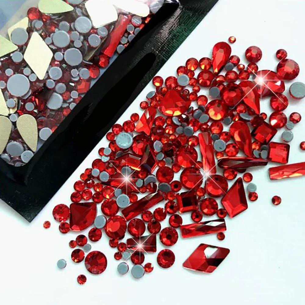 Strass pour ongles mixtes AB à dos plat, multi-formes AB/clair/rouge/or, cristal de luxe 9D SS3, Min