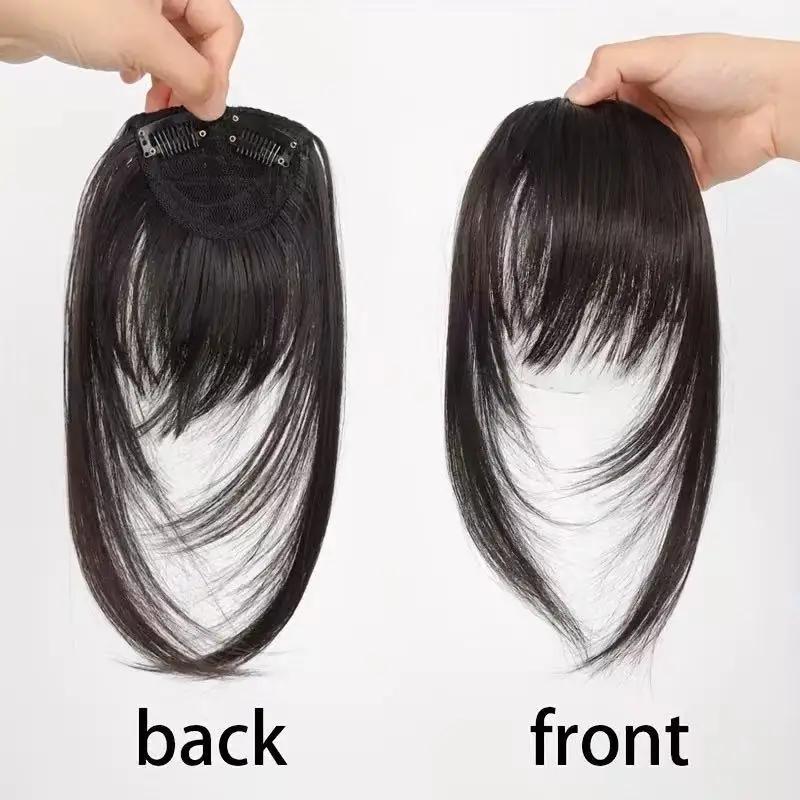 Frange synthétique à clipser, coupe effilée avec pattes de cheveux, brun foncé, aspect naturel pour