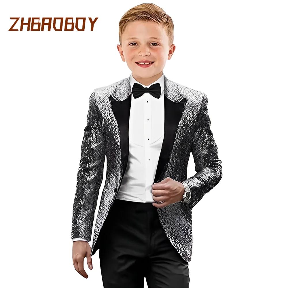 Costumes de smoking pour enfants, 2 pièces, à paillettes, coupe cintrée, vêtements formels, fête de