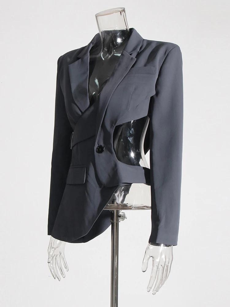 TWOTWINSTYLE solide évider dos nu minceur Blazers pour les femmes col cranté à manches longues épiss