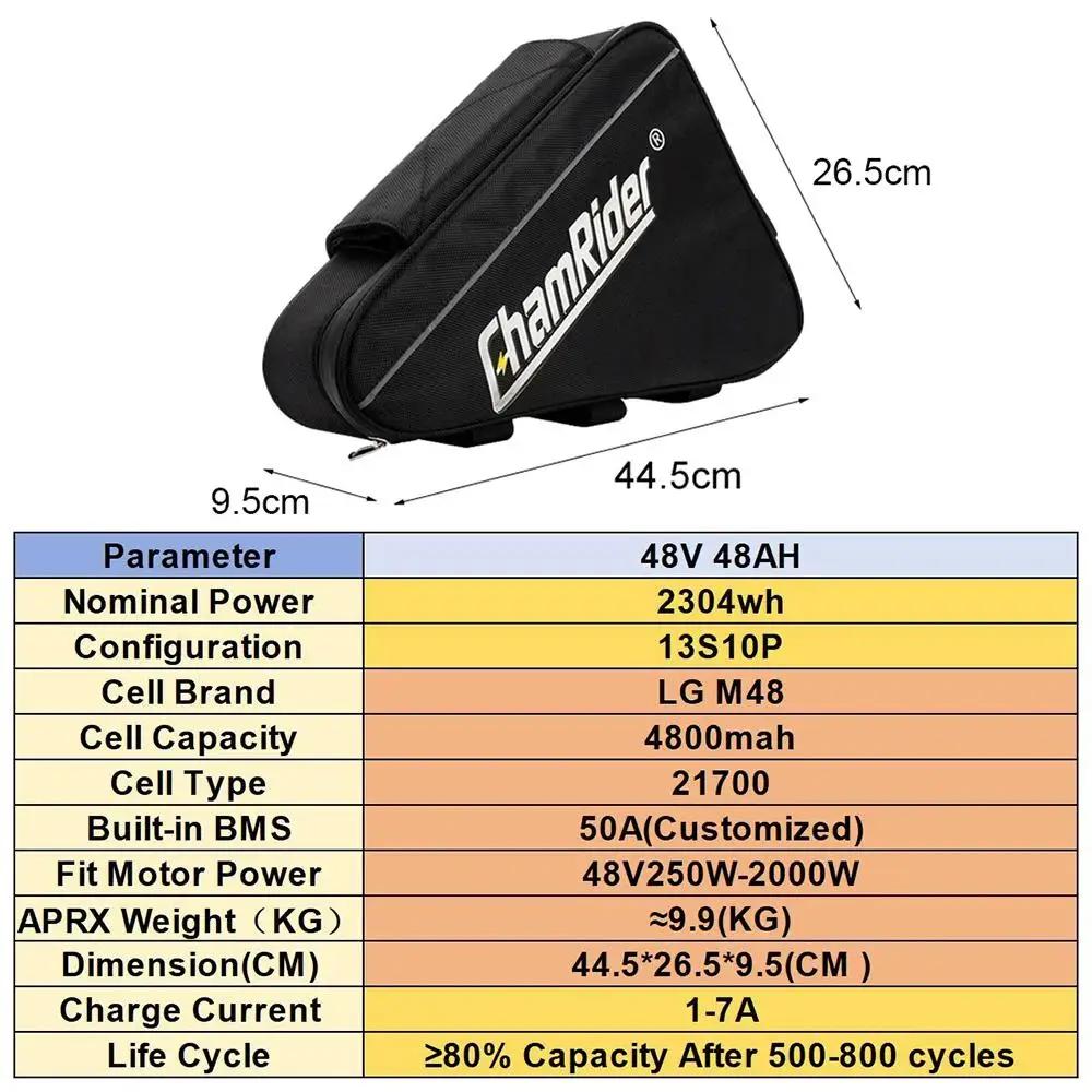 Batterie ChamRider 48V48AH, pack de batterie pour vélo électrique 52V 40.5AH, 2000W, 21700, triangle