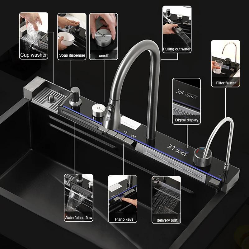 Évier de cuisine cascade en acier inoxydable 304, grand fente unique, ensemble de robinets à afficha