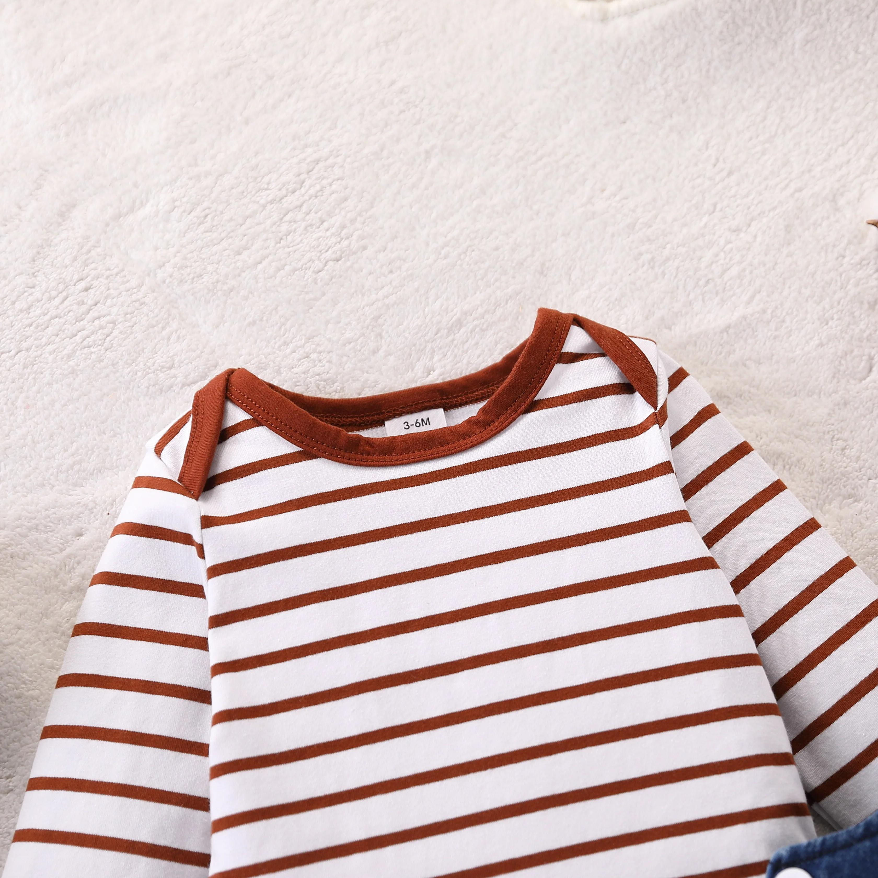Combinaison rayée rouge et blanche pour bébé garçon + salopette en jean à motif de chiot mignon, ten