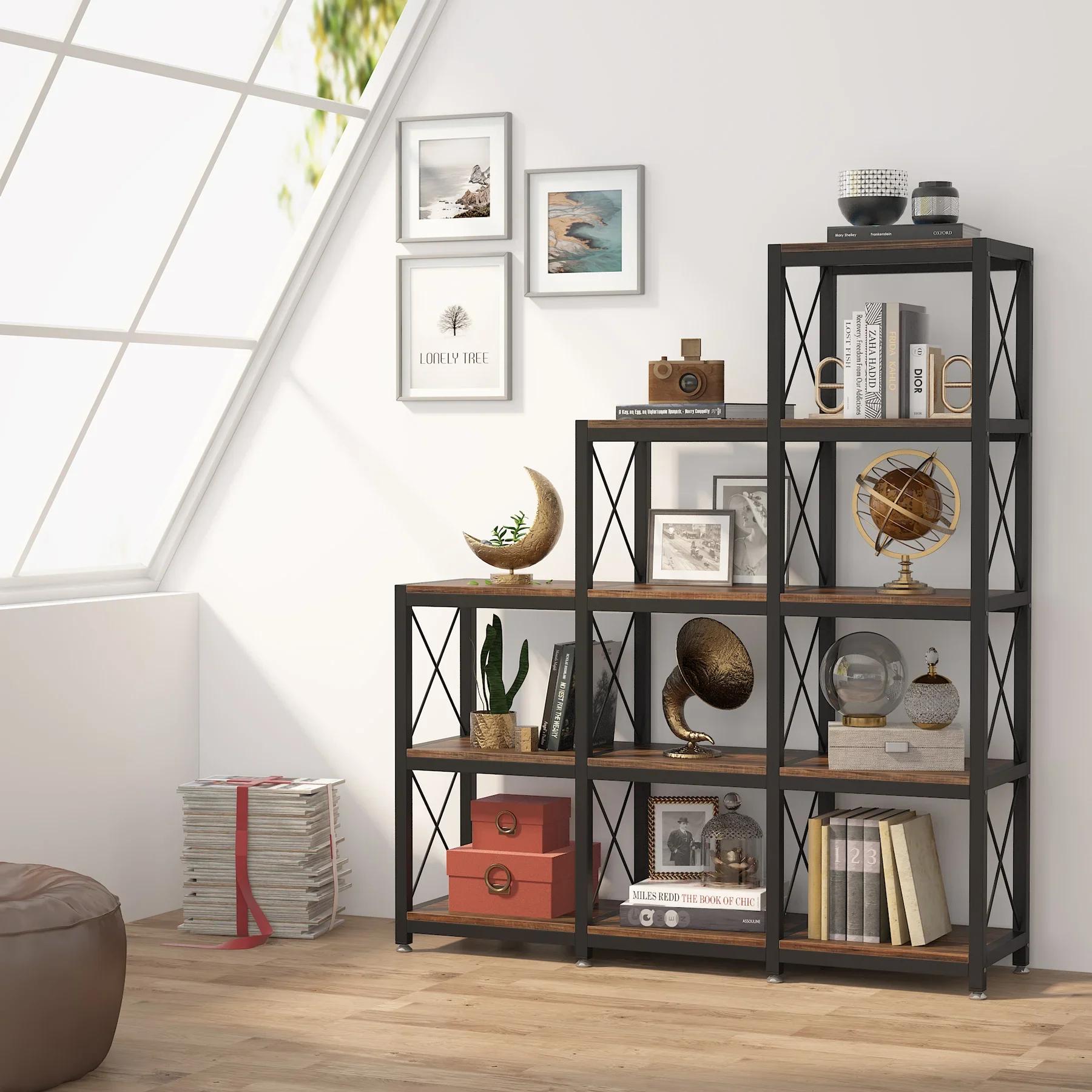 Tribesigns-Bibliothèque d'Angle à Échelle Industrielle, Bibliothèque Étagée, 12 Étagères, 9 Cubes