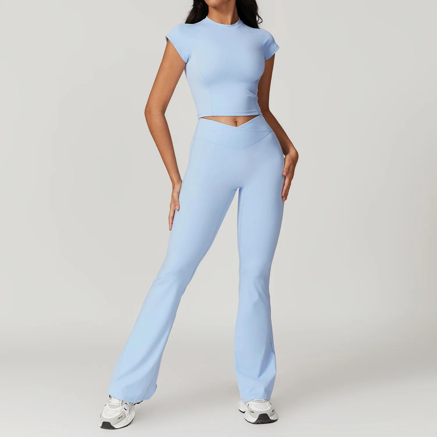 Ensemble yoga 2 pièces pour femmes - Haut court manches courtes et leggings fitness sport gym