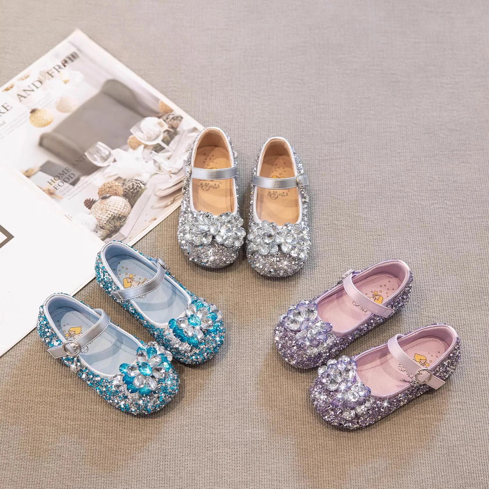 Chaussures à enfiler en cristal pour filles, chaussures plates de princesse à fond souple avec stras