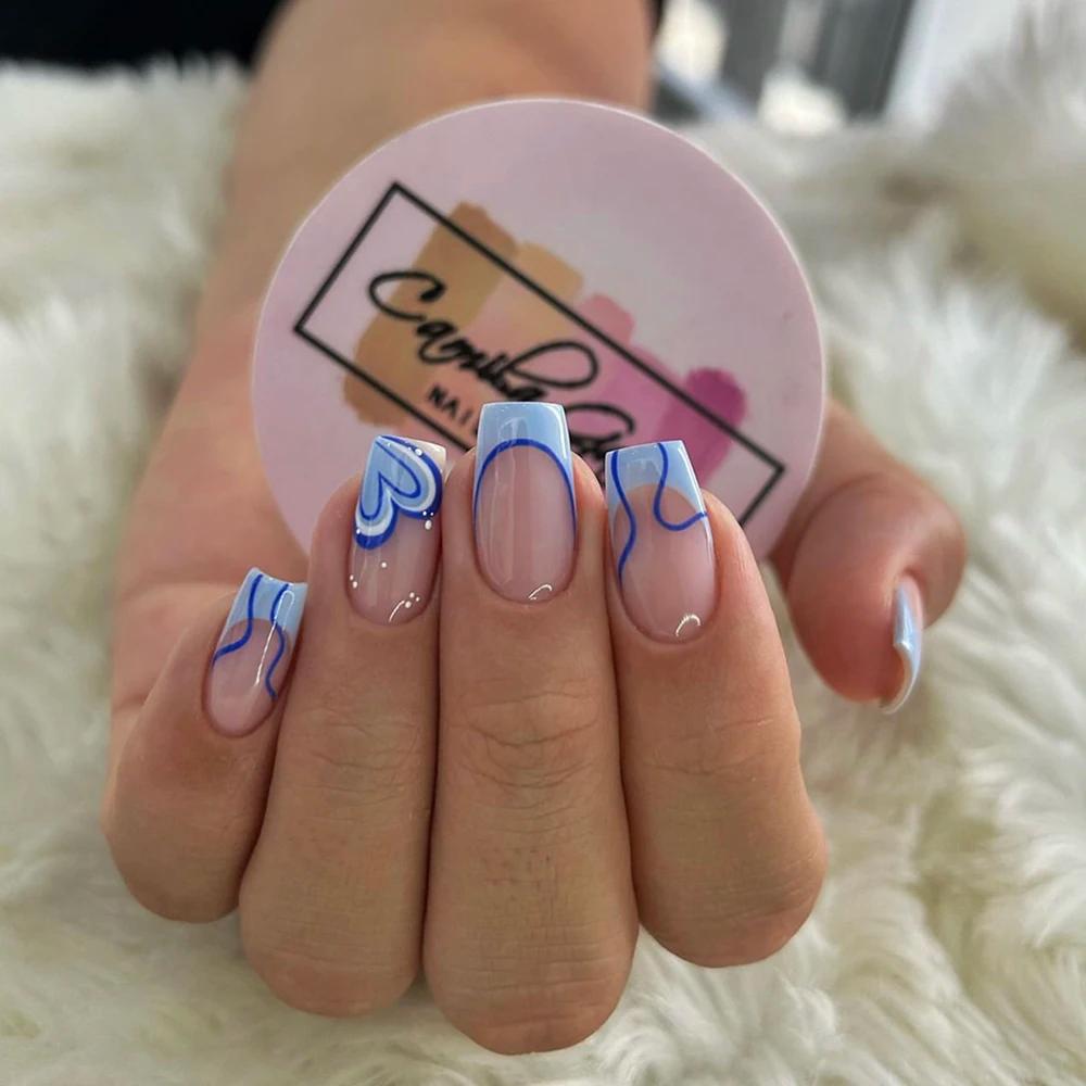 ARTAUG 24 pièces moyen carré bleu haute Saturation ongles bout des doigts garniture française breloq