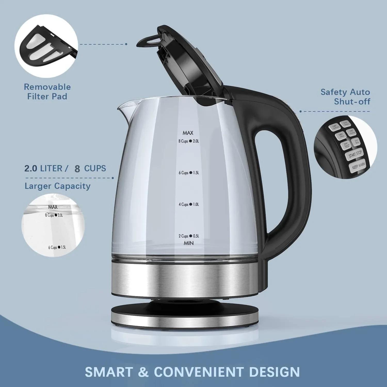 DEVISIB Bouilloire électrique en verre, ébullition rapide 2200 W, contrôle de la température, mainti