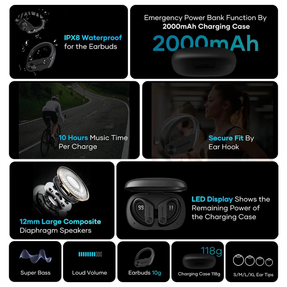 Wavefun-Écouteurs Bluetooth XBuds 5 avec crochet d'oreille et étui de charge, écouteurs étanches ave