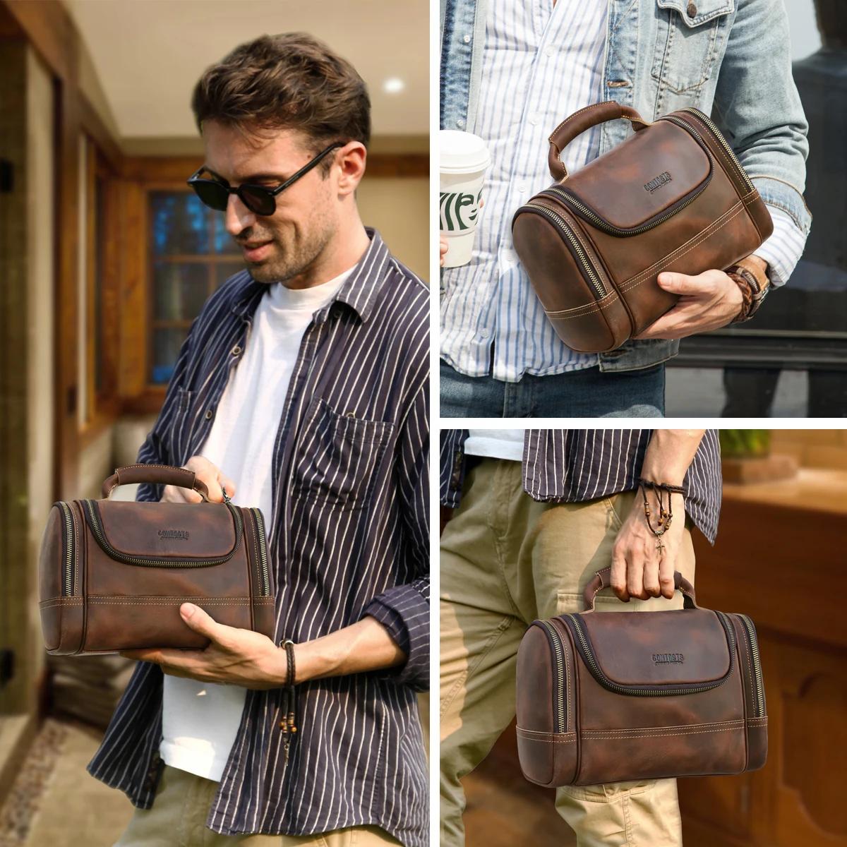 Hommes en cuir véritable voyage affaires toilette rasage sac femmes rétro cosmétique lavage douche o