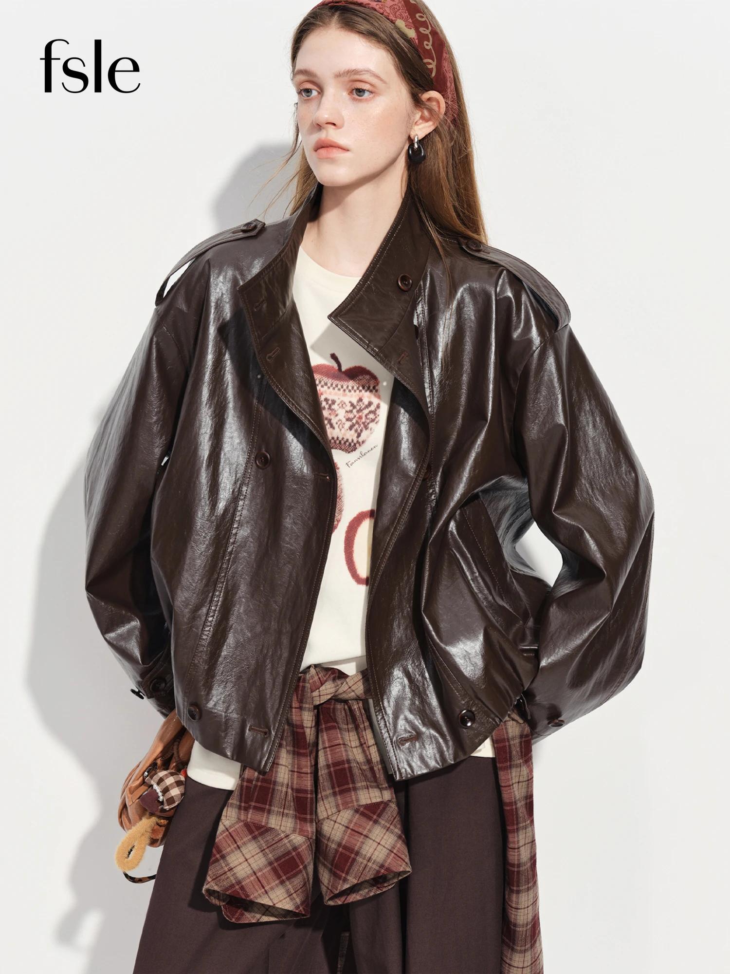 FSLE【Série Premium】Manteau court oversize pour femme en simili cuir marron avec ceinture, veste coup
