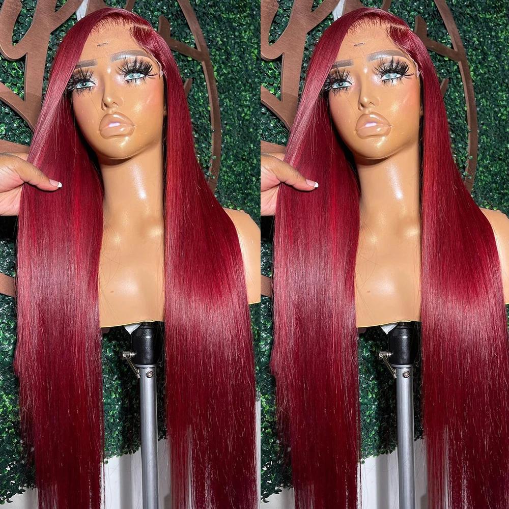 Perruque Lace Front Wig sans colle naturelle, cheveux lisses, rouge bordeaux 99J, 13x6, 13x4 HD, 30
