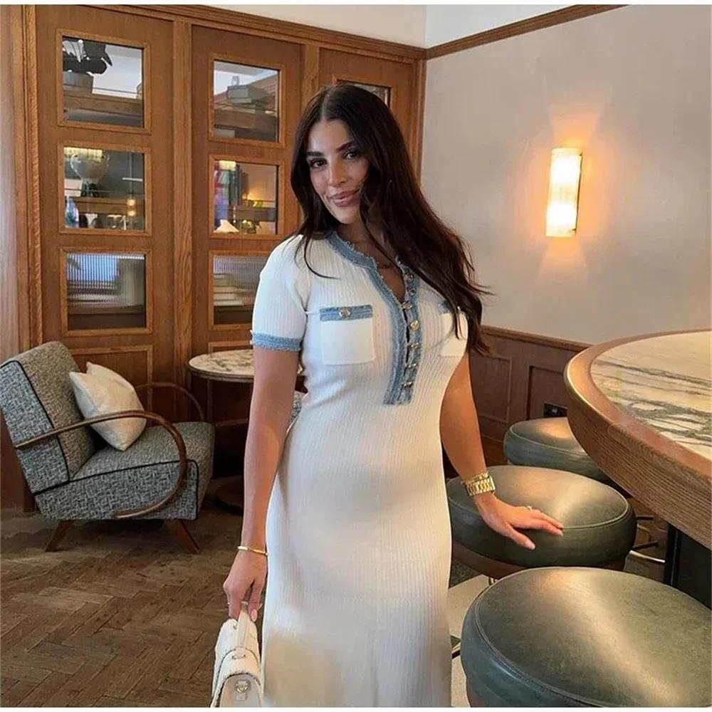 Robe longue élégante en maille contrastante pour femme, chic, col rond, manches courtes, boutons mét