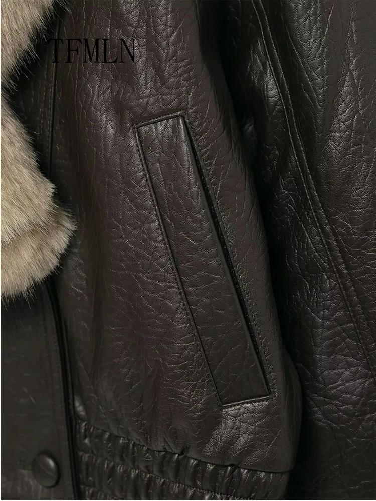 TFMLN 2025 hiver femmes veste en simili cuir ample mode retiré grand col de fourrure manteau décontr