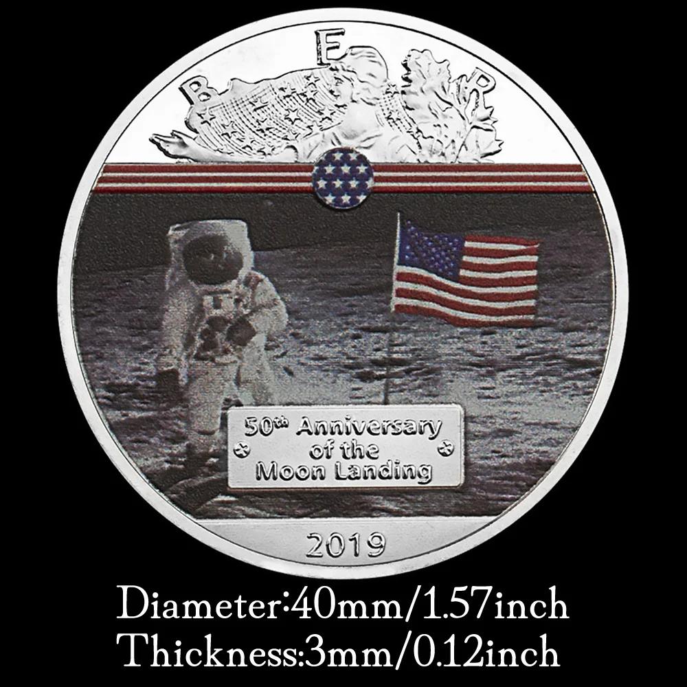 50e anniversaire de l'atterrissage de la lune 2019 pièce commémorative plaquée colorée cadeau de col