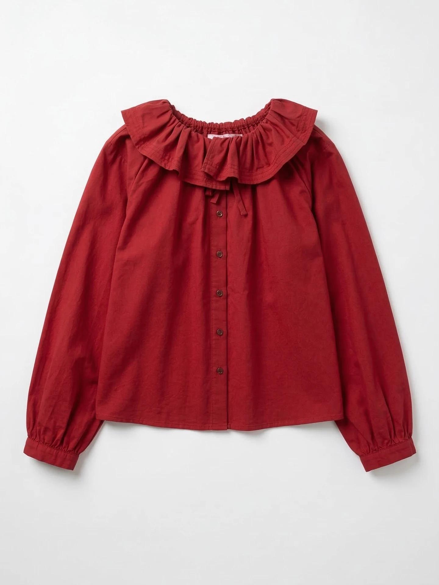 imakokoni 2026 Printemps Chemise en coton décontractée ample pour femme, col feuille de lotus, rouge