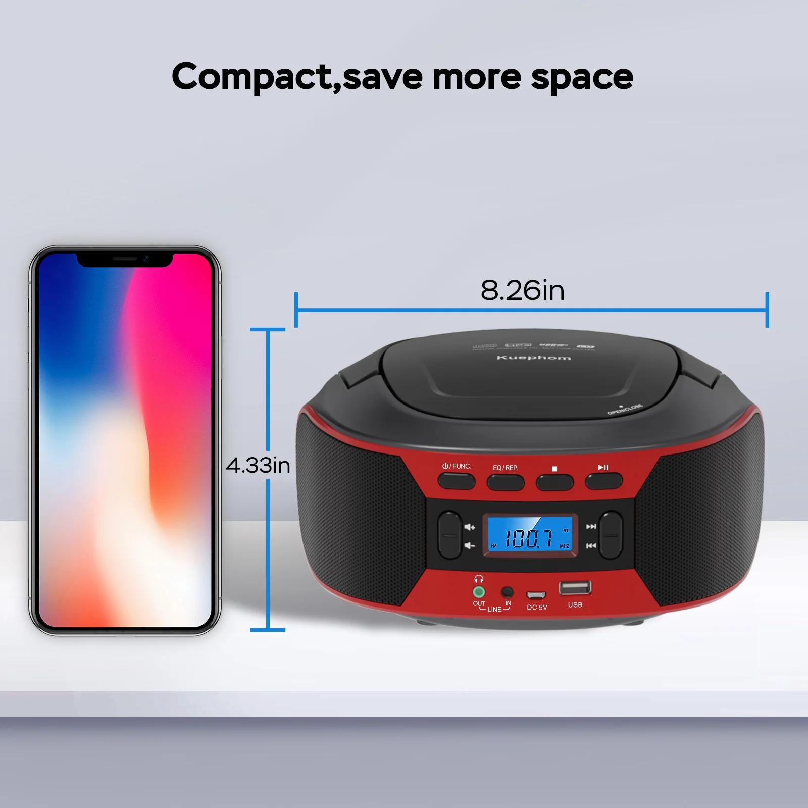 Boombox radio CD avec lecteur cd portable Bluetooth et USB avec EQ, alimentation AC et DC, affichage