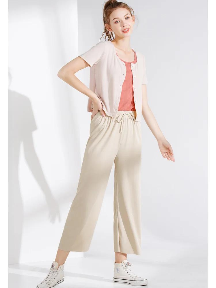 Pantalon large à longueur de rinçage pour femme, décontracté, couleur unie, taille élastique, adt Ic