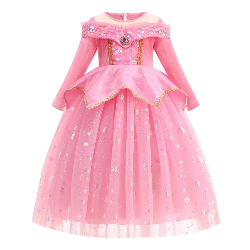 Robe de princesse Aurora pour filles, robe longue en tulle rose à paillettes, couronne, baguette mag