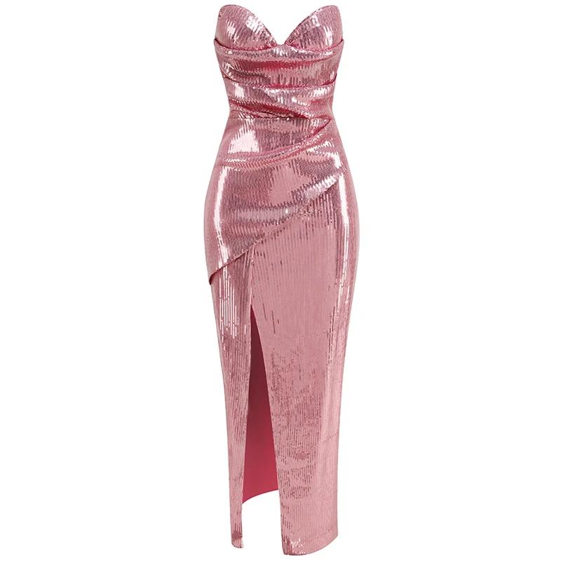 Robe de soirée sans bretelles à paillettes de couleur rose avec une fente sur les cuisses, robe long