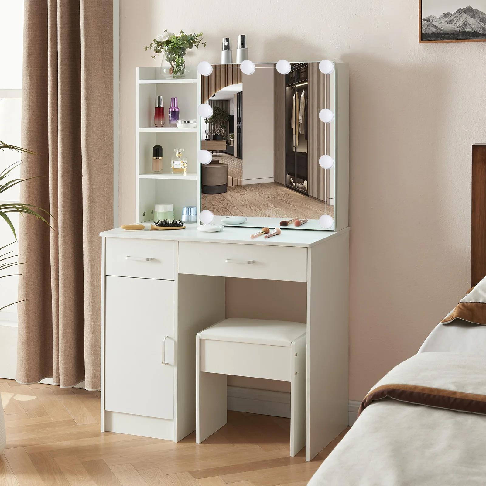 Ensemble de vanité de maquillage avec miroir et lumières, commode, armoire de rangement, 3 modes d'é