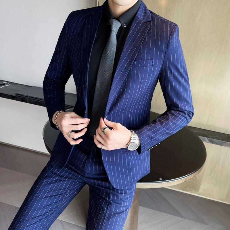Ensemble de costume deux pièces pour hommes, coupe cintrée, de haute qualité, à rayures, pantalon et