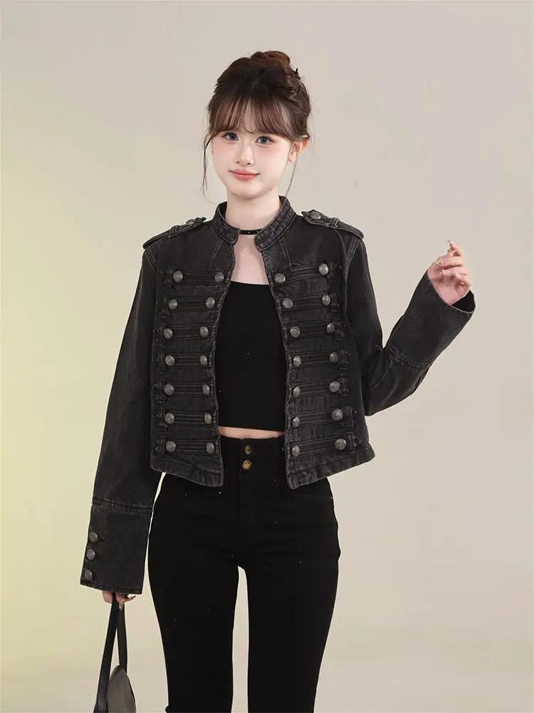 Veste courte en Denim rétro américain pour femmes, manteau de moto décontracté à manches longues et