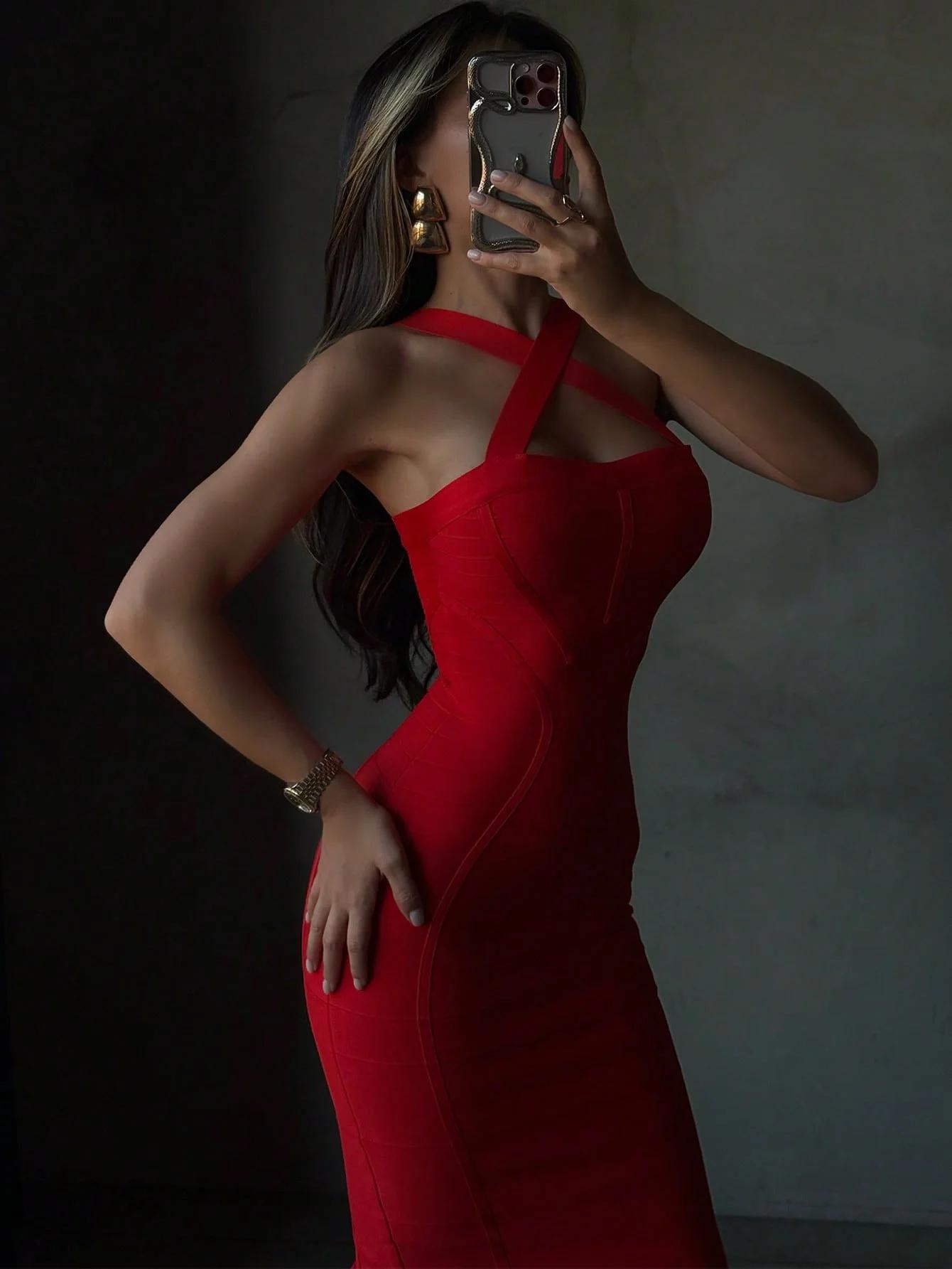 Sexy licou rouge côtelé Midi robe moulante pour les femmes robe de pansement élégante soirée Cocktai