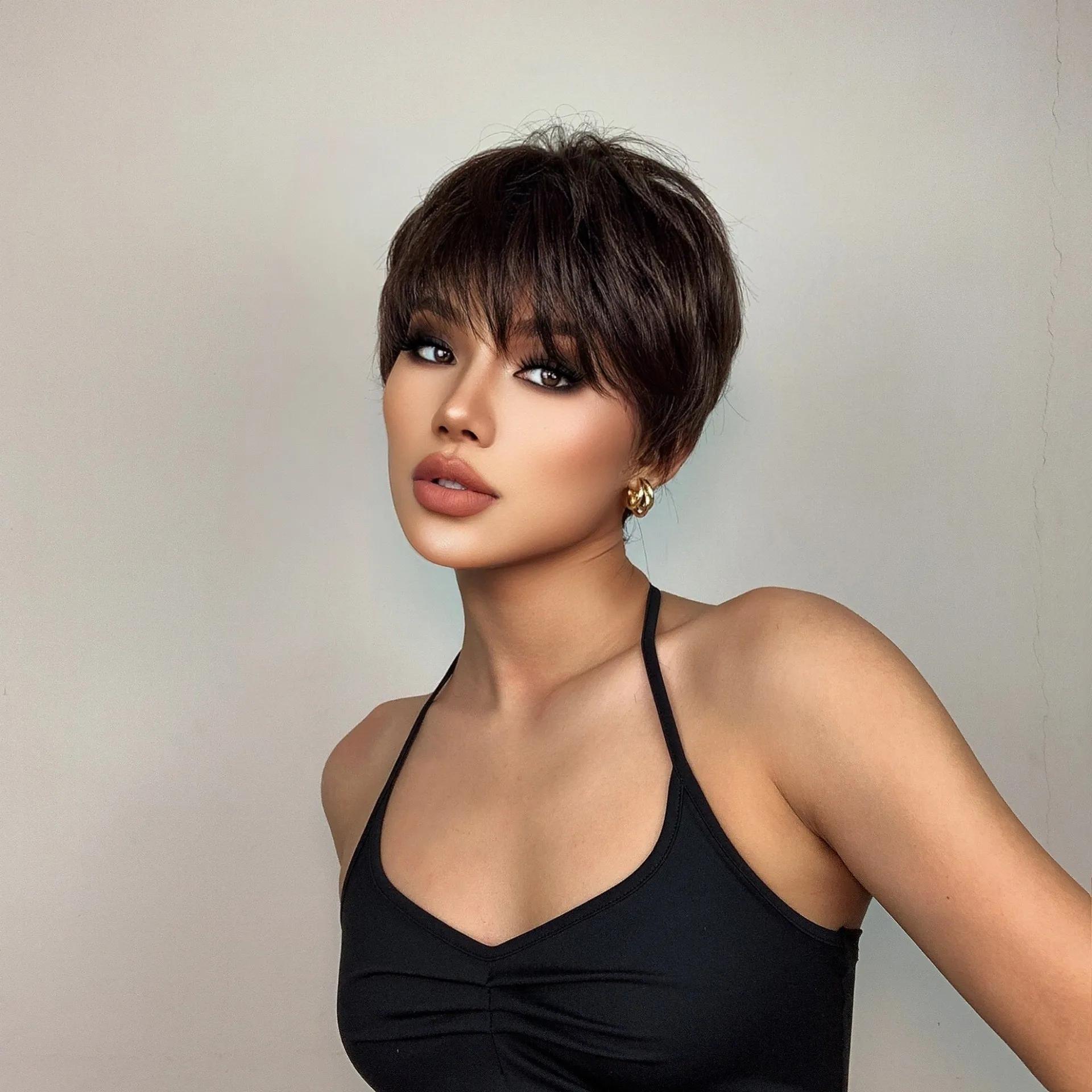 Perruques pour femmes fibre synthétique courte droite bandeau de cheveux frange noir brun cheveux co