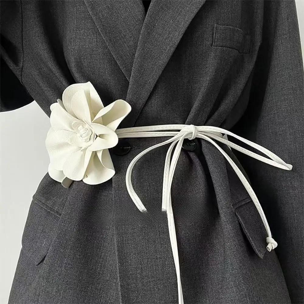 Ceinture de taille bohème en cuir PU – Grande ceinture enveloppante à cravate florale avec nœud pour