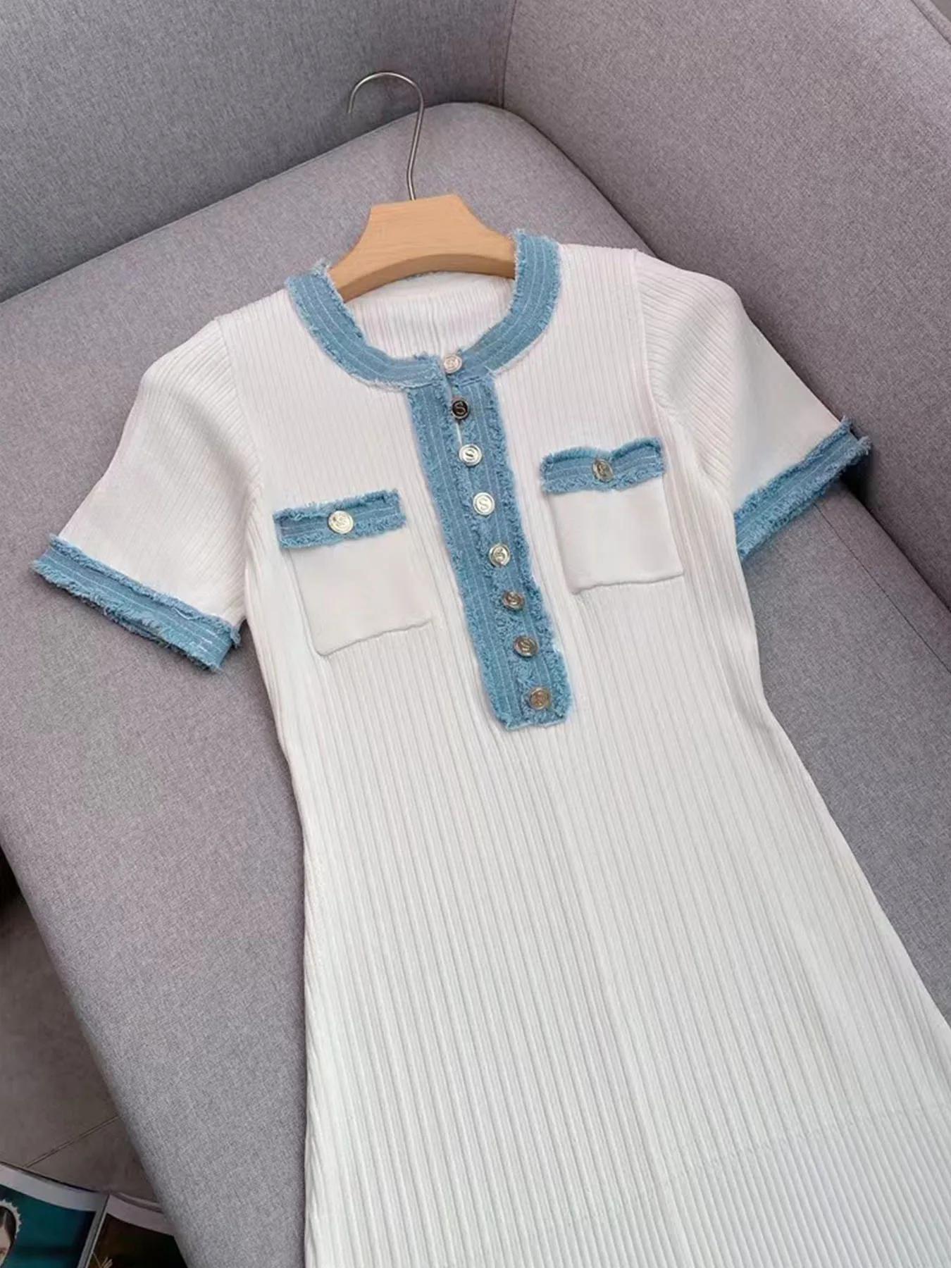 Robe longue élégante en maille contrastante pour femme, chic, col rond, manches courtes, boutons mét