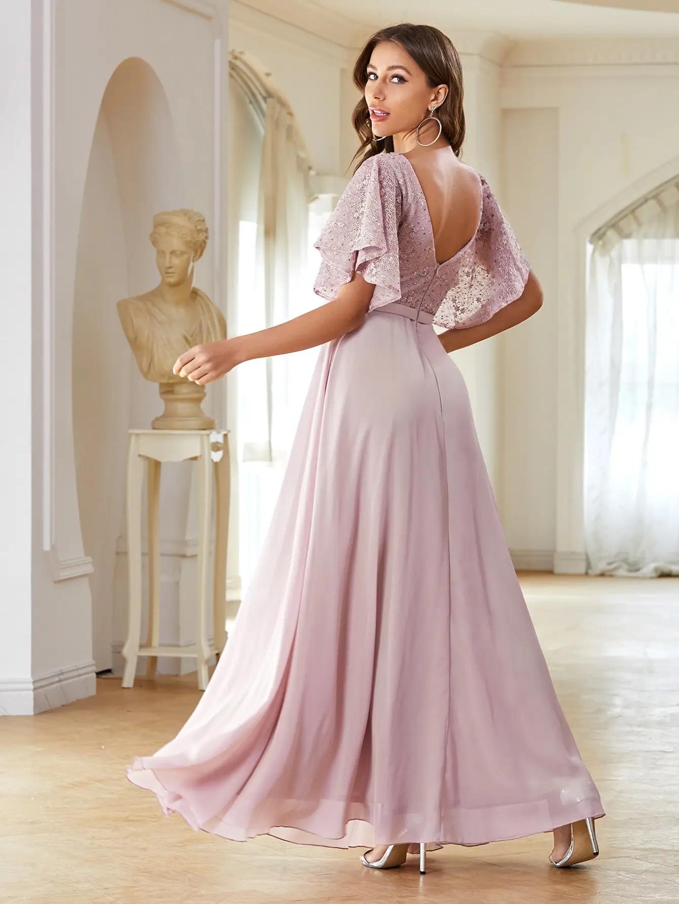 Mgiacy col en v demi manches en mousseline de soie extra longue dentelle patchwork robe élégante rob