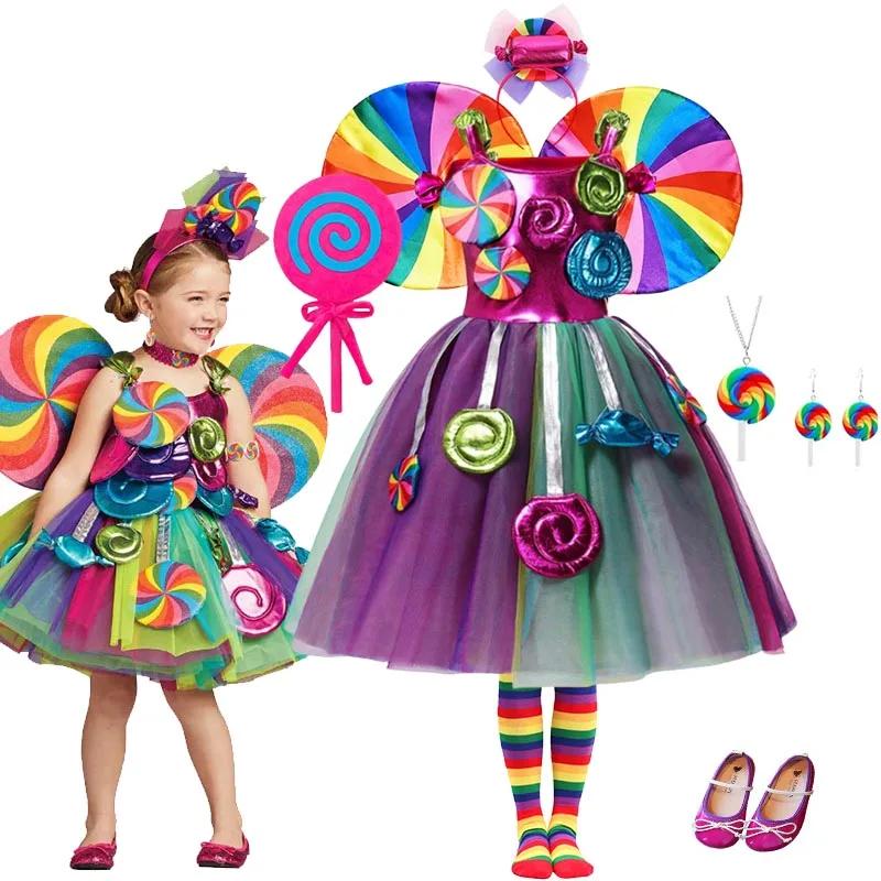 Filles arc-en-ciel sucette Costume princesse robe pourim Festival bonbons robe fantaisie carnaval an