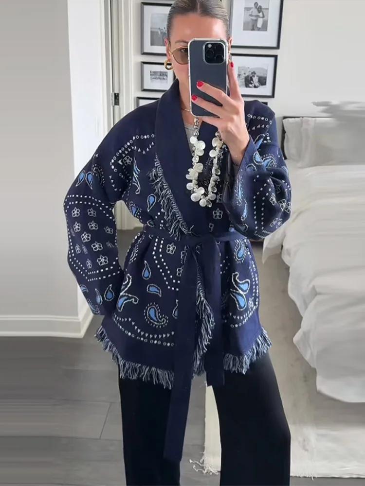 Cardigan imprimé Vintage avec pompons pour femme, col en v, manches longues, pull épissé, assorti av