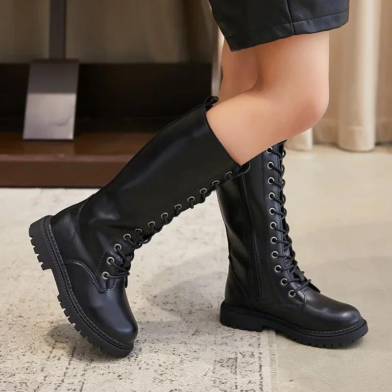 Bottes longues pour filles, hauteur des genoux, bottes de moto à la mode, plateforme souple en caout