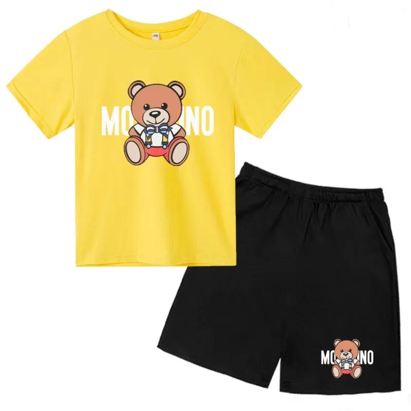 T-shirt d'été à col rond pour enfants, ensemble deux pièces avec imprimé ours Kawaii pour filles et
