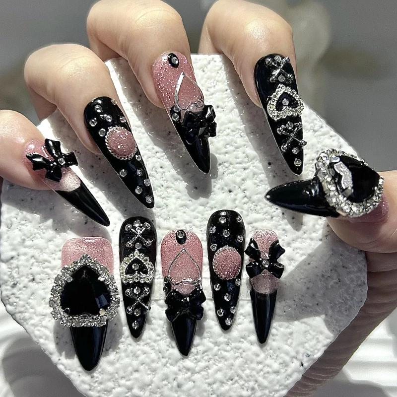 10 pièces Y2K Gyaru Kei noir rose longue pointe à la main presse sur les ongles Jirai arc amour diam