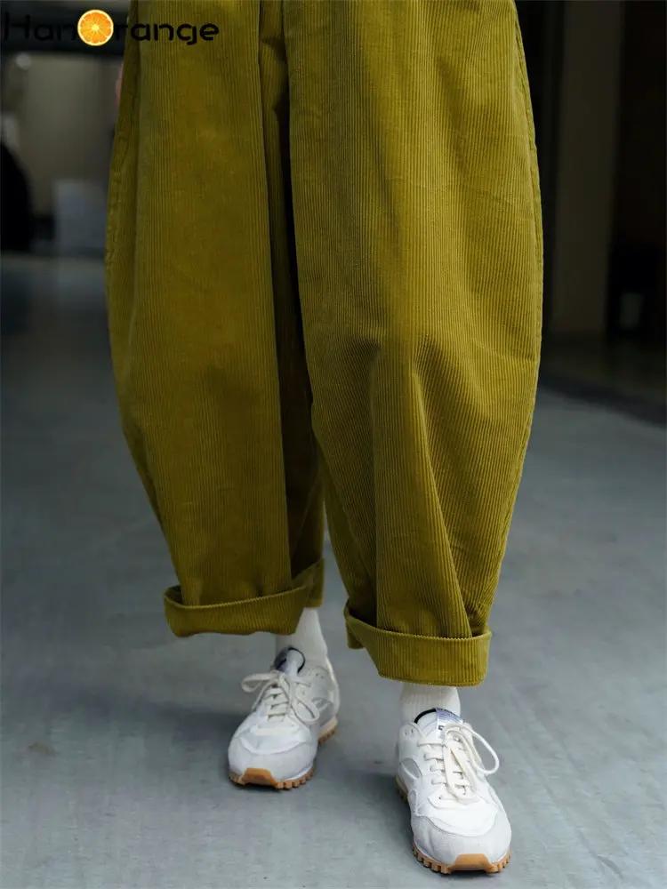 HanOrange-Pantalon large en velours côtelé pour femme, périphérie paresseuse, taille élastique, déco