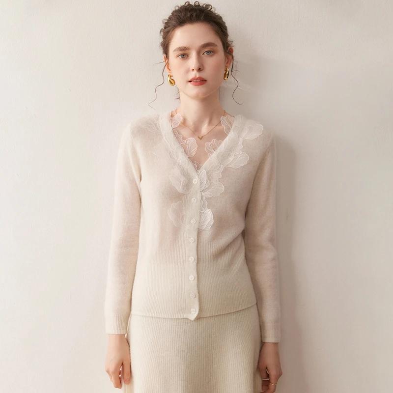 Cardigans de luxe en cachemire pour femmes, col en v, hauts en tricot, décontracté, motif feuilles,