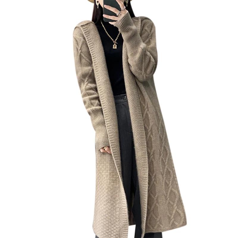 Cardigan Long en laine mérinos pour femme, pull torsadé à manches longues, manteau, ample et chaud,