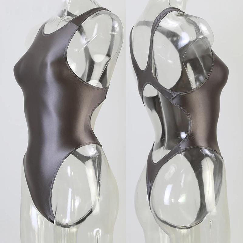 Maillot de bain une pièce en satin brillant pour femme, justaucorps sexy, bikini taille haute, strin
