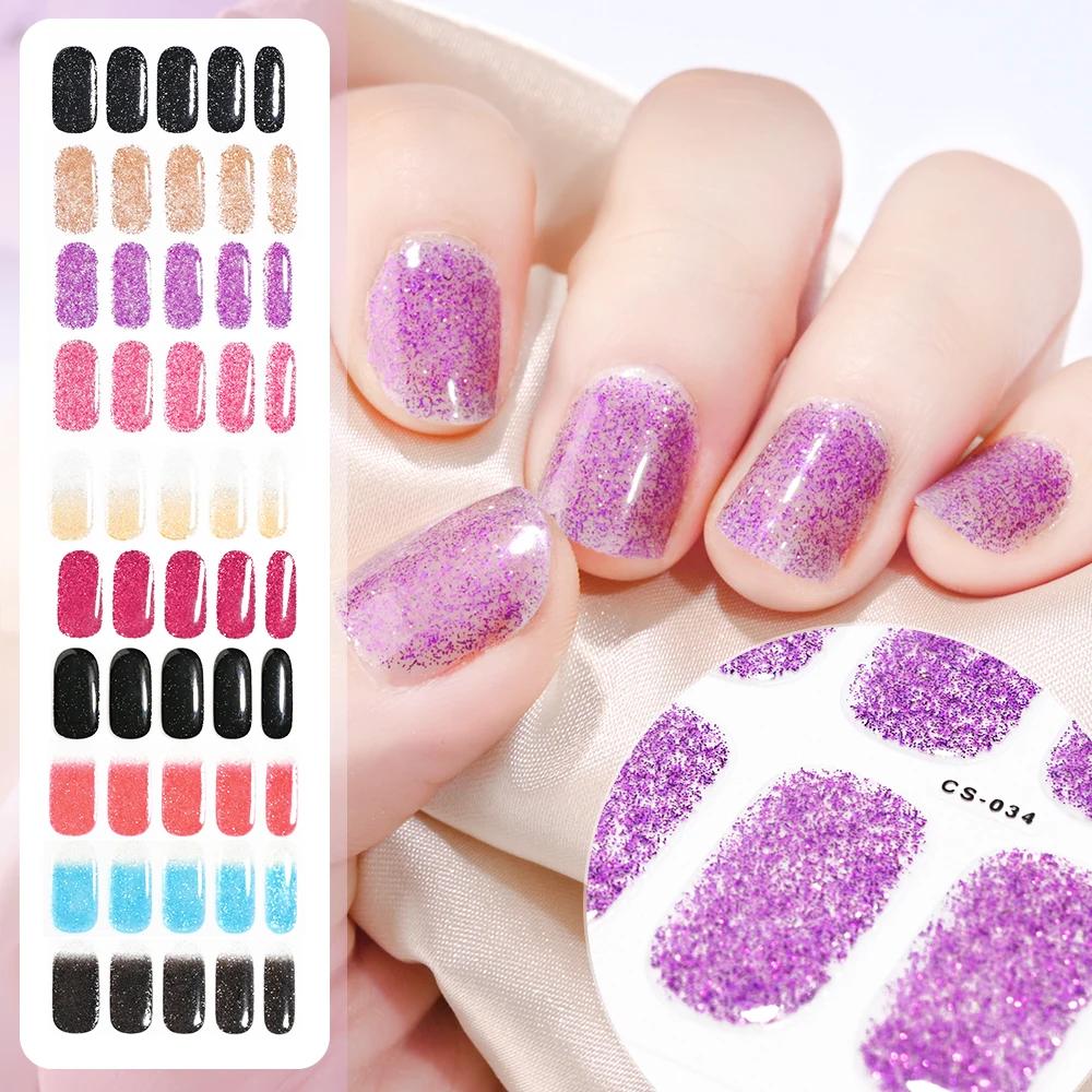 Autocollants pour ongles semi-durcis noirs français, 16 pointes, avec paillettes, Gel UV longue duré