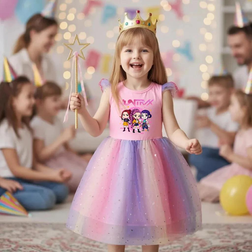 Robe K-Pop Hunters Rumi pour petites filles, robe de princesse en maille avec étoiles et paillettes,